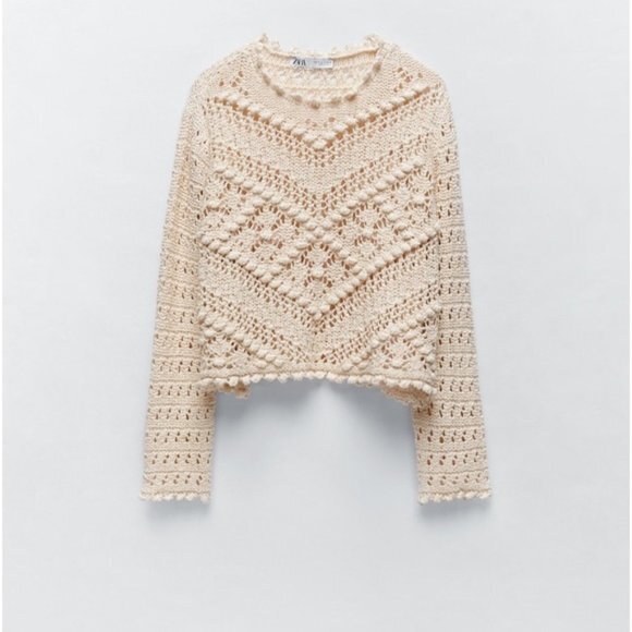 Cream Zara Textured Crochet Knit Long Sleeve Sweater (NWT) - Picture 4 of 5
